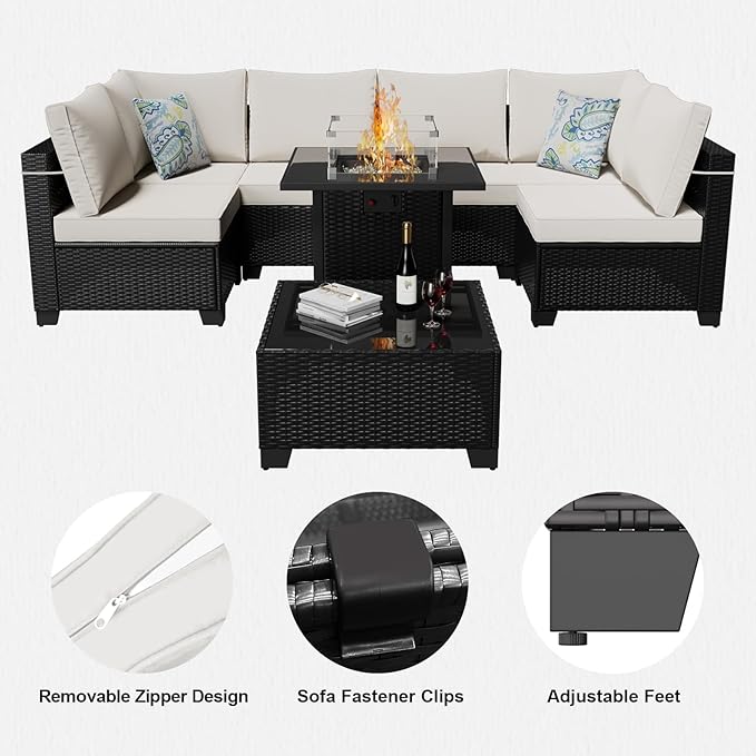 8 Pcs Patio Furniture Set with Fire Pit Table Wicker Outdoor Sectional Sofa, ...