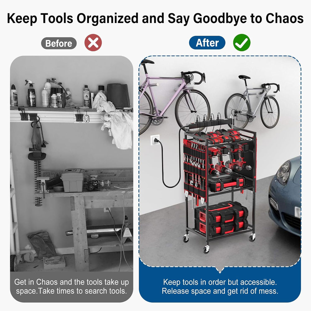 JUNNUJ Power Tool Charging Organizer Cart, 8 Outlet 3 USB, 6 FT Cord, Red