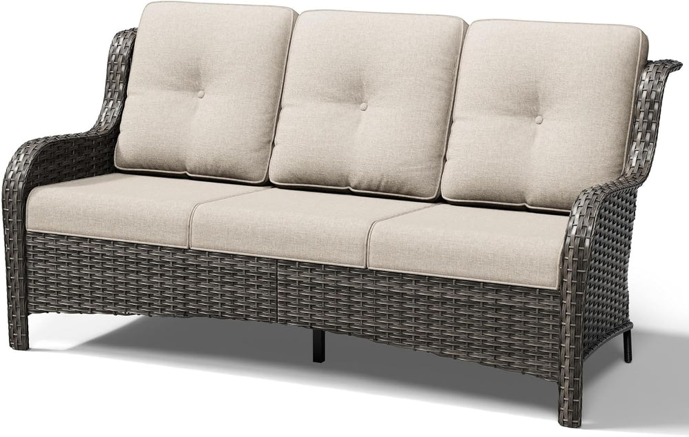 Outdoor Patio Couch, 3 Seater Outdoor Wicker Sofa with High Back, Deep Seatin...