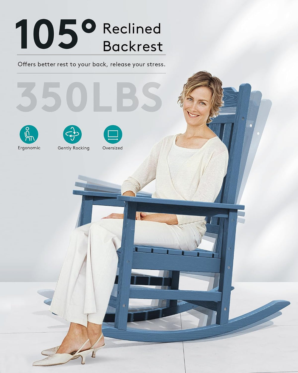 SERWALL HDPE Oversized Outdoor Rocking Chair, Patio Rocking Chair, Blue