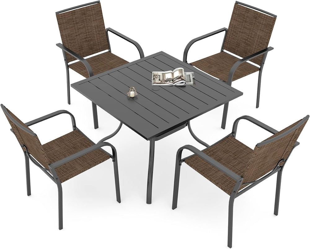 Outdoor Brown Stackable Chair and 35" Square Table Patio Dining Set for 4