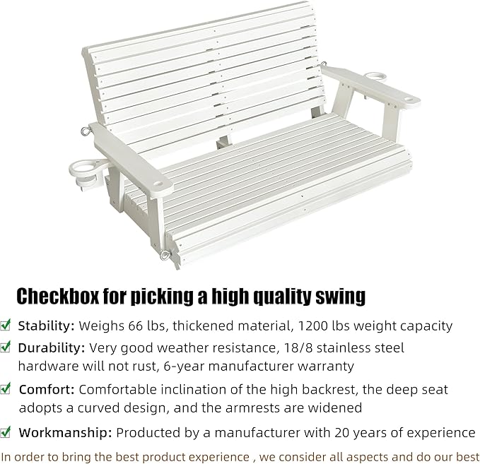 HDPE Porch Swing with 18/8 Stainless Steel Bolts, Ergonomic Design, Ultra Wea...