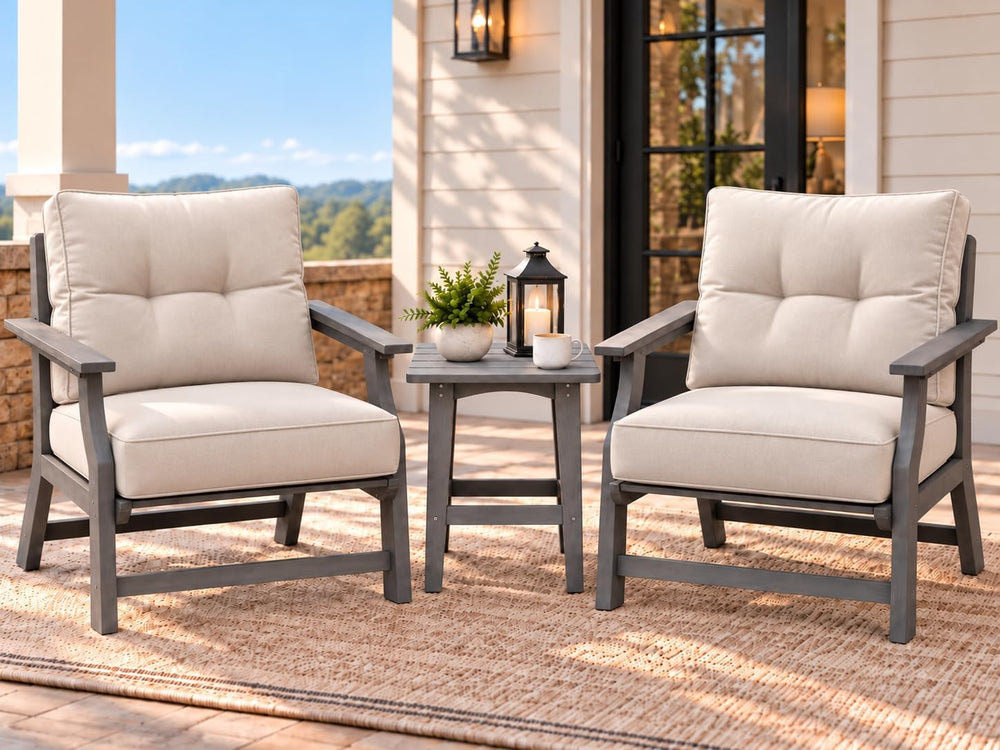 3 Piece Patio Bistro Set, Outdoor Table Chairs with Cushion, Grey