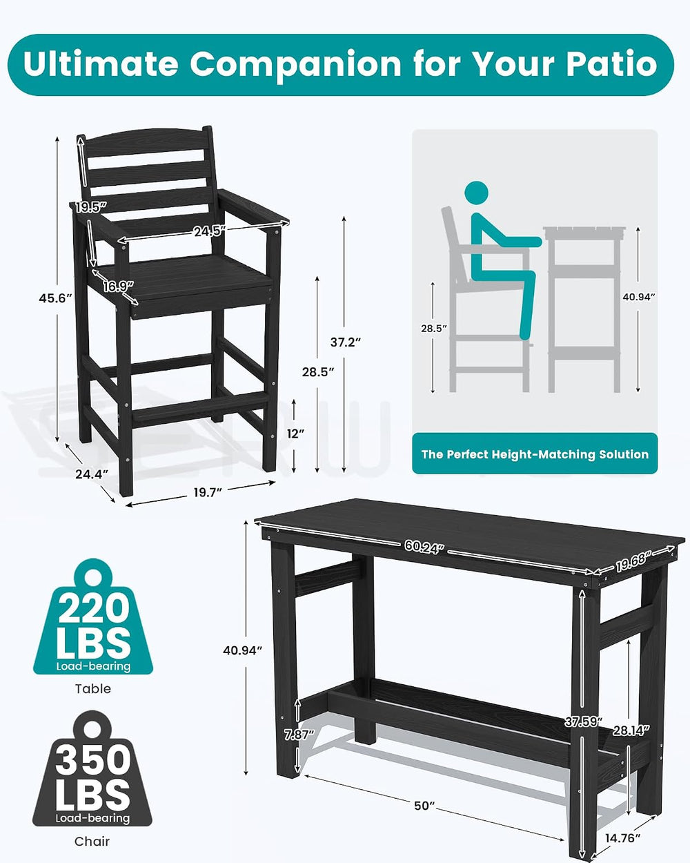 SERWALL Outdoor Bar Set, 2 Adirondack Bar Chairs & Bar Height Table, Black