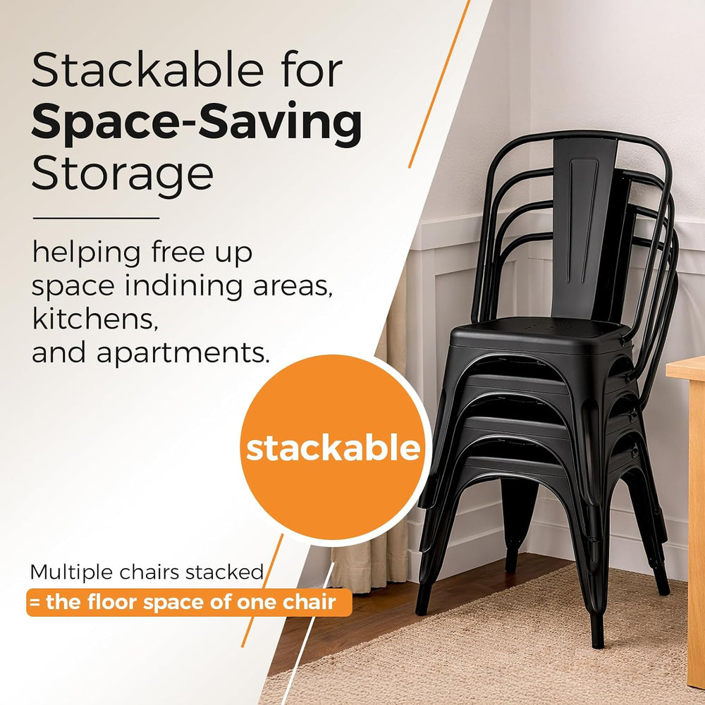 Metal Dining Chairs with Backrest, Stackable, Matte Black, 6 Pack