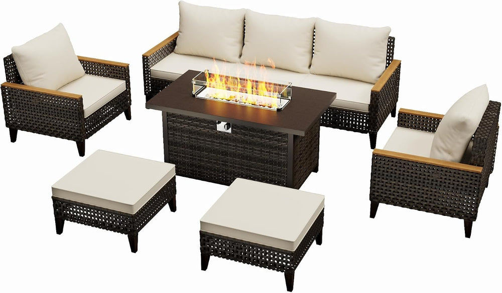 8 Piece Patio Sectional Sofa Set with 50000 BTU Fire Pit Table, All-Weather W...