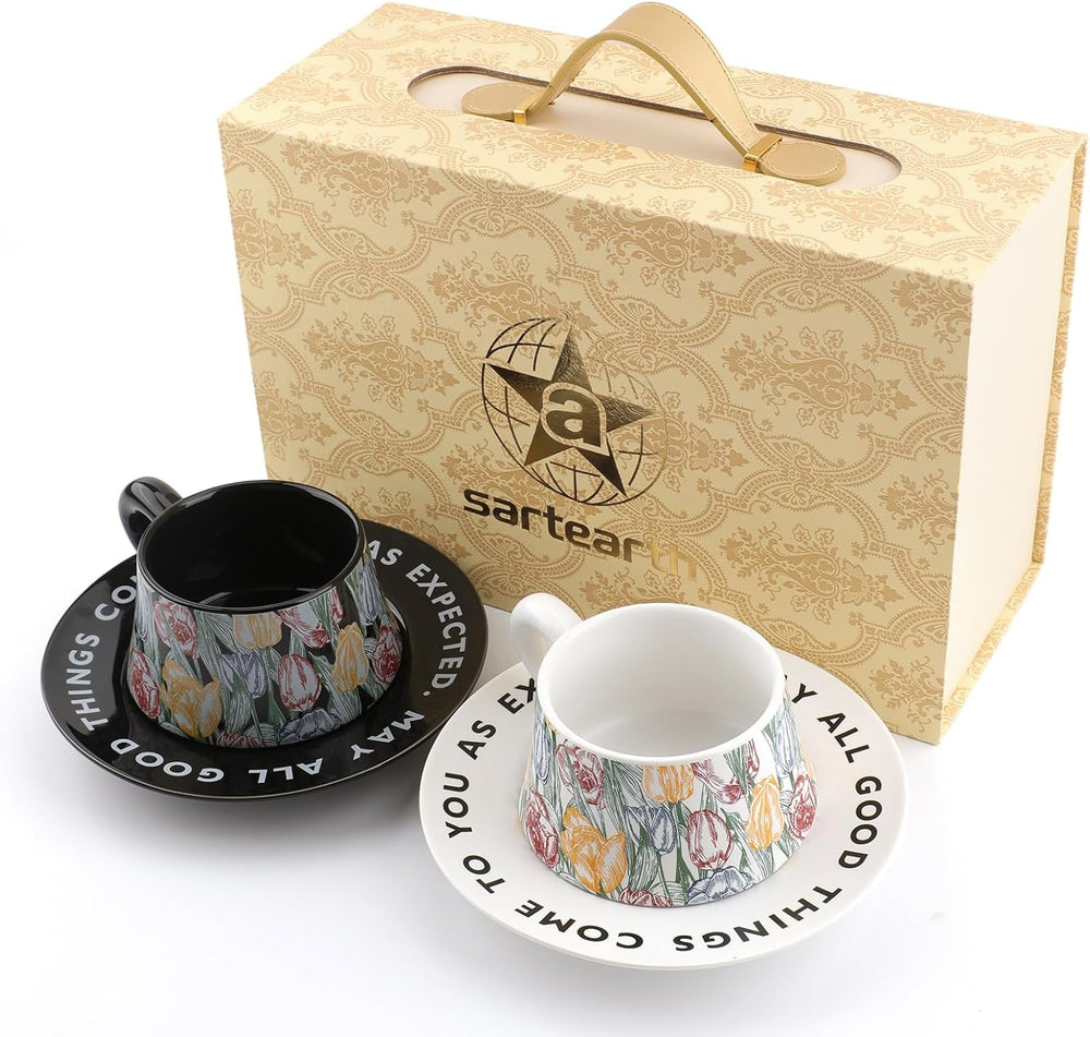Vintage Coffee Cups and Saucers Set of 2, Black & White, 7 oz