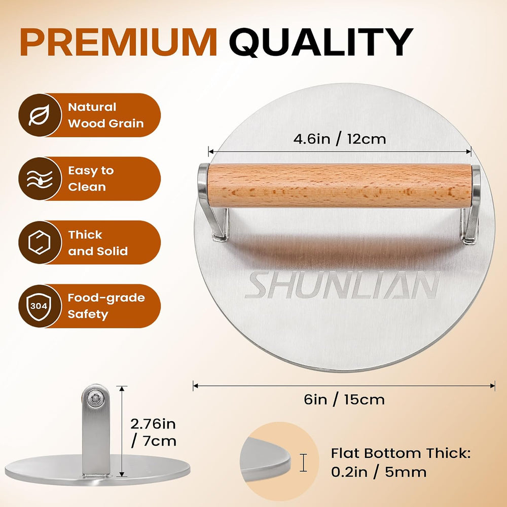 Stainless Steel Burger Smasher, 6 Inch Heavy Duty Grill Press with Wood Handl...