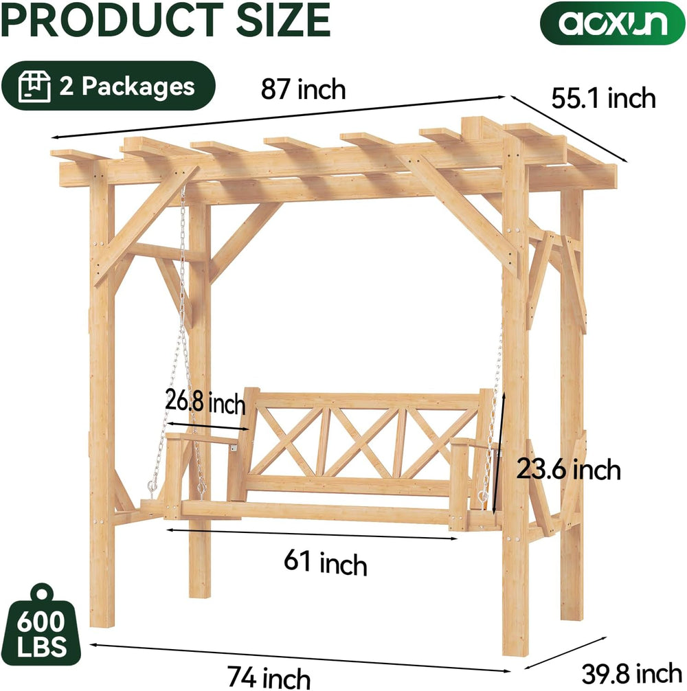 Aoxun Cedar Wood Pergola Porch Swing with 3-Seat Hanging Bench, Natural