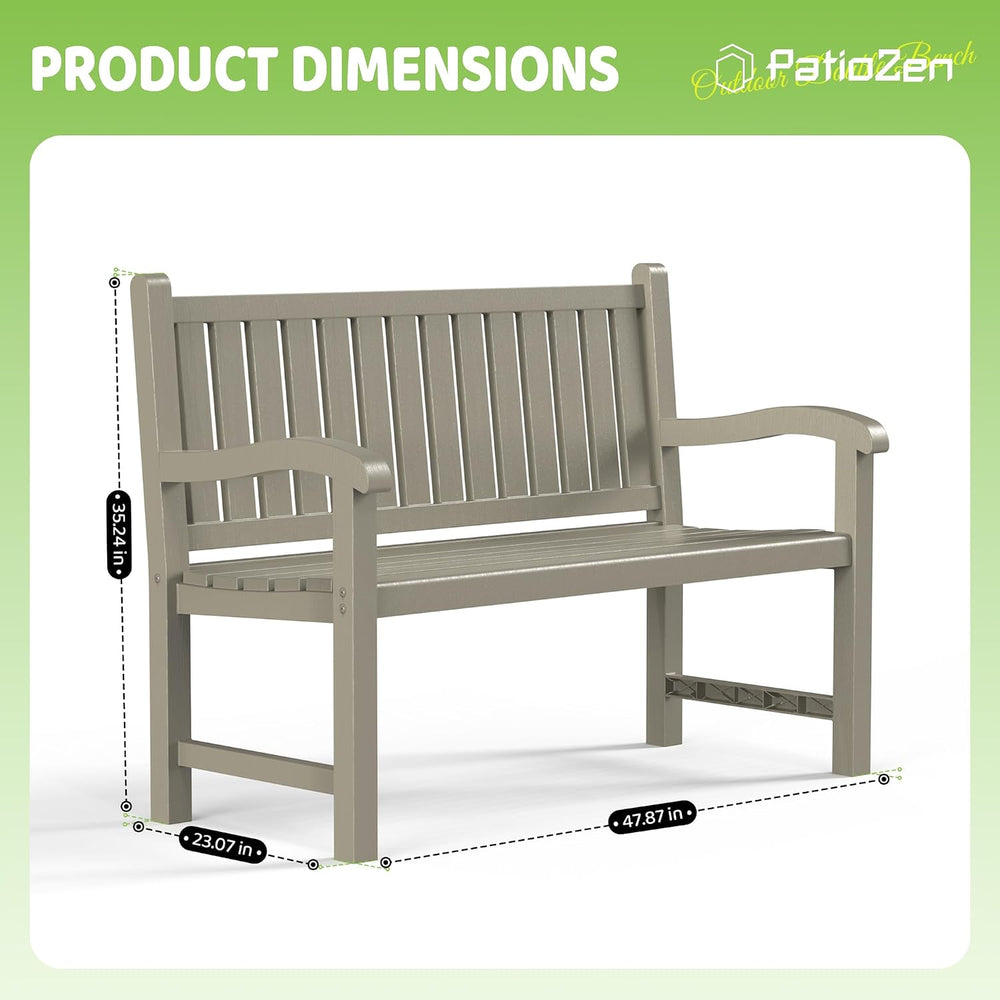PatioZen Outdoor Bench, 2-Person Resin Bench, Grey
