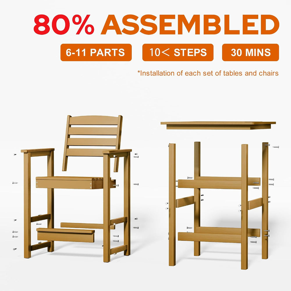 3-Piece Outdoor Bistro Bar Set, HDPE Bar Height Table & Chairs, Teak