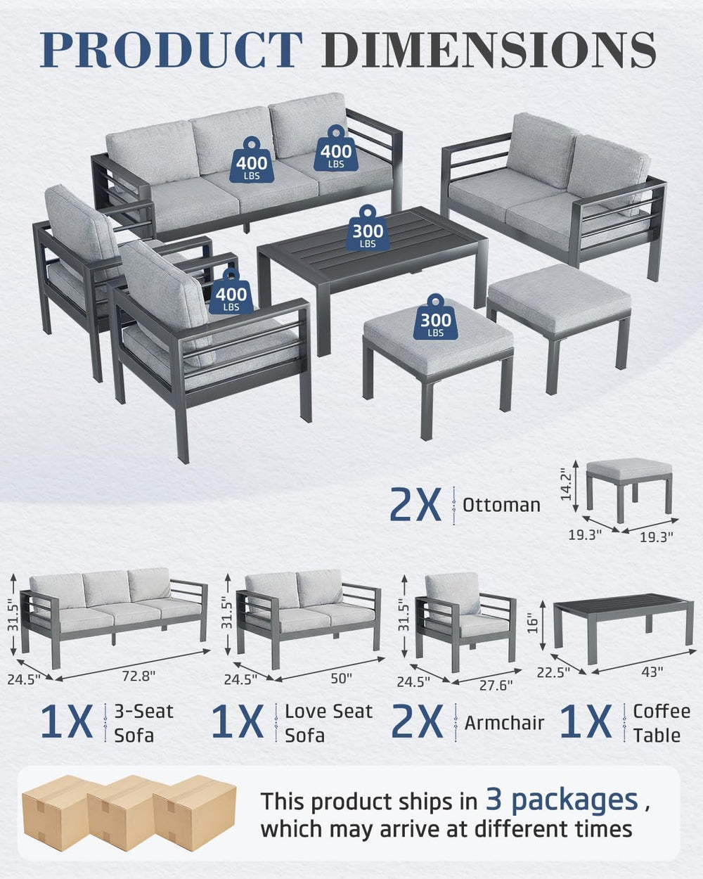 AECOJOY 7 Pieces Aluminum Outdoor Patio Furniture Set, 9 Seats, Light Gray