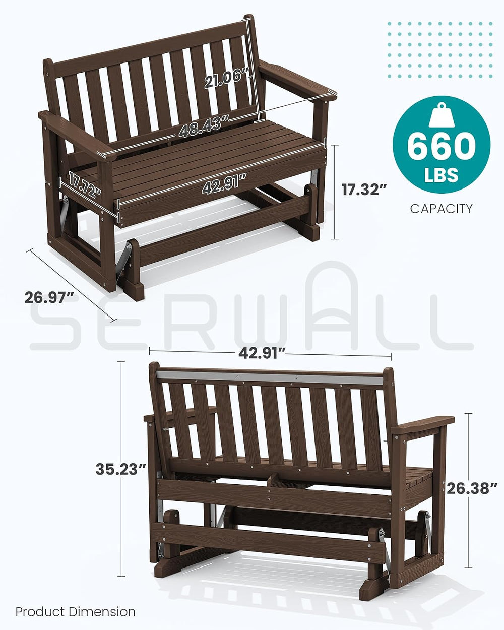 SERWALL HDPE Outdoor Glider Bench Set of 2, All Weather, 660lbs Cap, Coffee