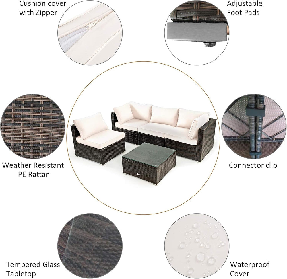 Tangkula 5 Pieces Patio Furniture Set, All Weather Wicker L-Shaped Corner Sof...