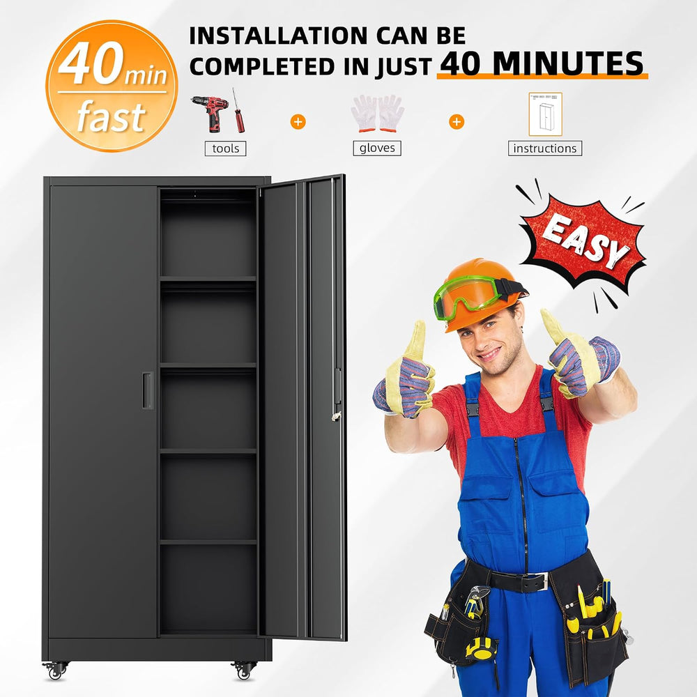 Garage Cabinets with Wheels, 73" H Metal Locking Cabinet with 2 Doors an...