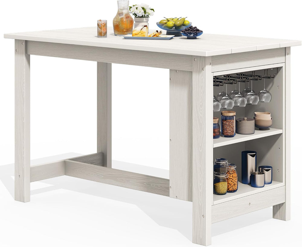 SERWALL Outdoor HDPE Counter-Height Bar Table with Storage Rack, White