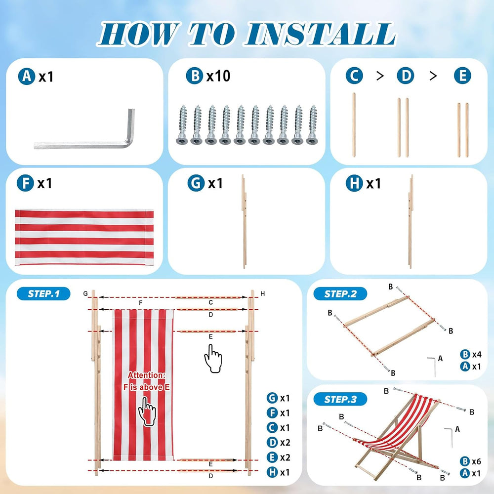 AceOrbit 1 Pcs Folding Sling Beach Chair, Adjustable,Red Stripes