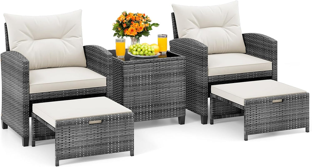 KOTEK 5 Pieces Patio Furniture Set with Ottomans, Wicker Patio Conversation S...