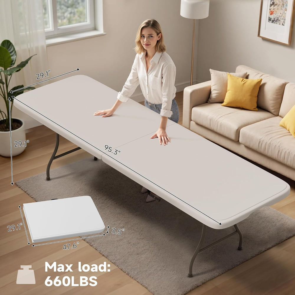 8FT Folding Table - Heavy-Duty 660 lb Capacity, Portable Table with Safety Lo...