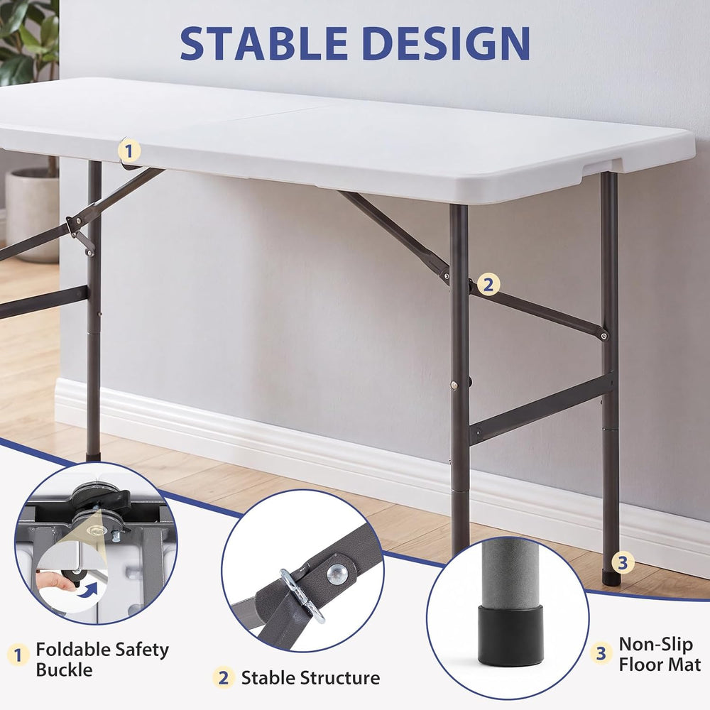 DUMOS 4 FT Folding Picnic Table with 4 Folding Chairs, Easy to Keep, White