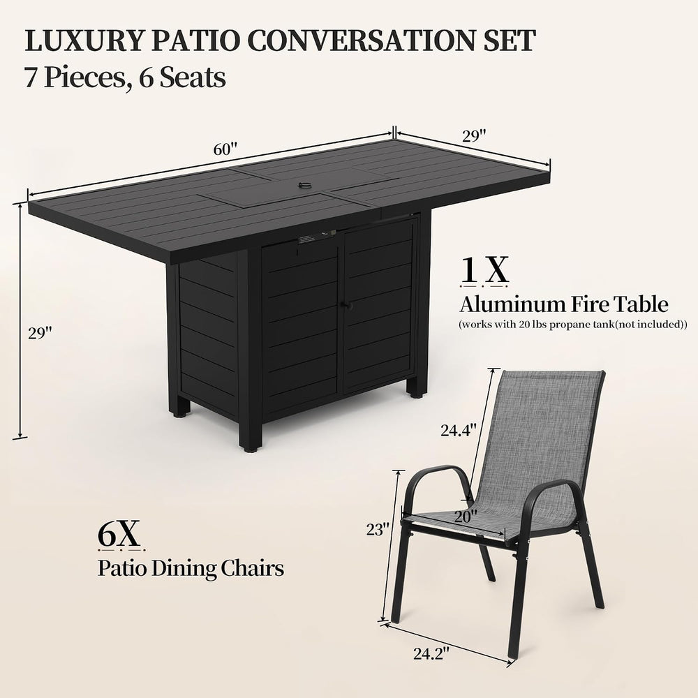 7 Pcs Outdoor Furniture Set w/ 60" Firepit and 6 Pieces Patio Chairs, 50...
