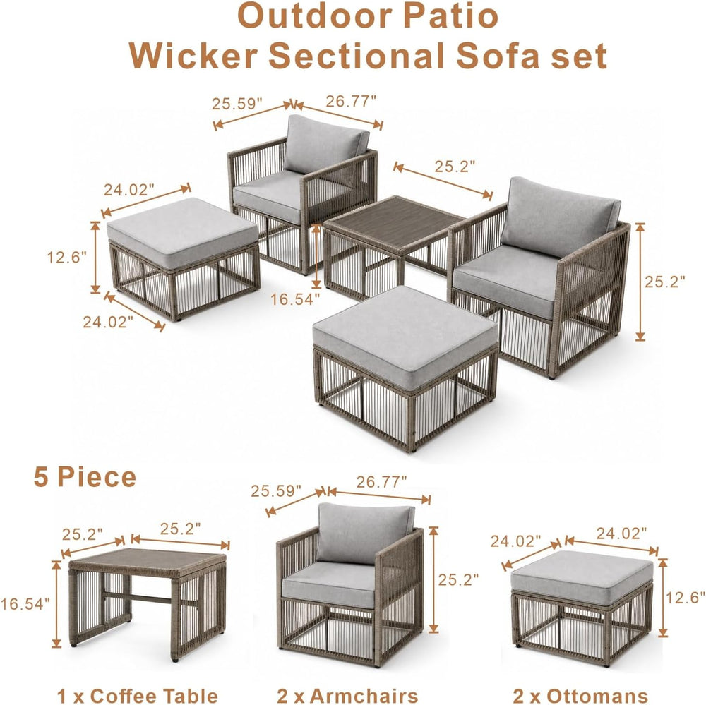 5-Piece Patio Furniture Set, All-Weather PE Rattan Wicker Arm Chairs with Ott...