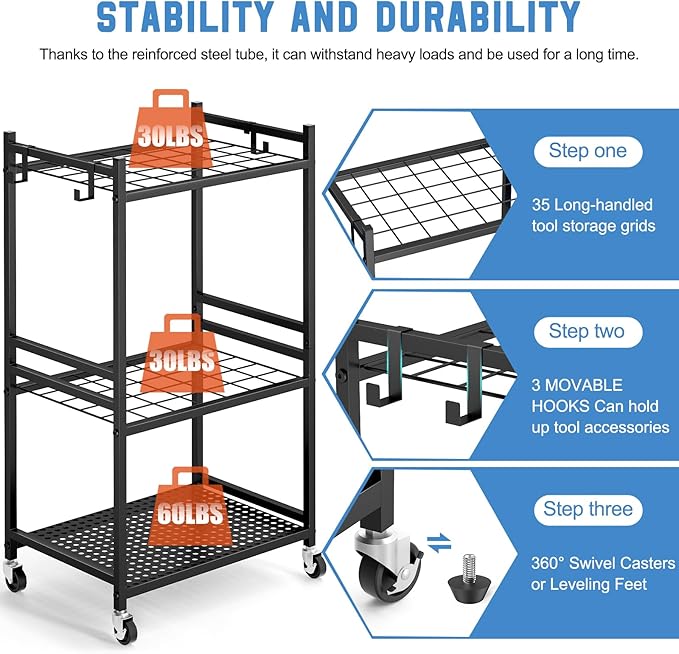 Garden Organizer With Wheels, Yard Tower Rack for Garage Storage, Up to 35 Lo...
