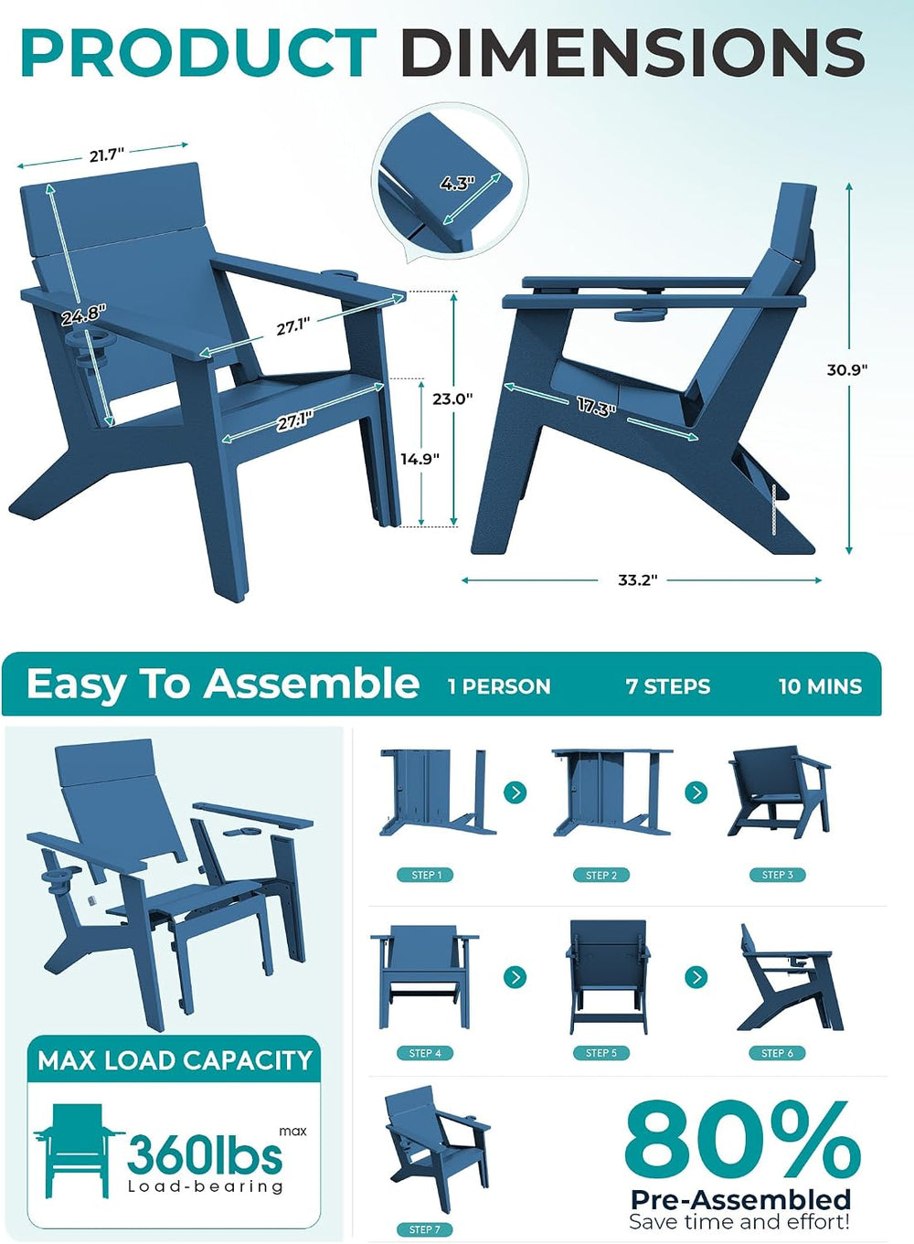 SERWALL Modern Adirondack Chairs Tall Lounge Chair Set of 2,Blue
