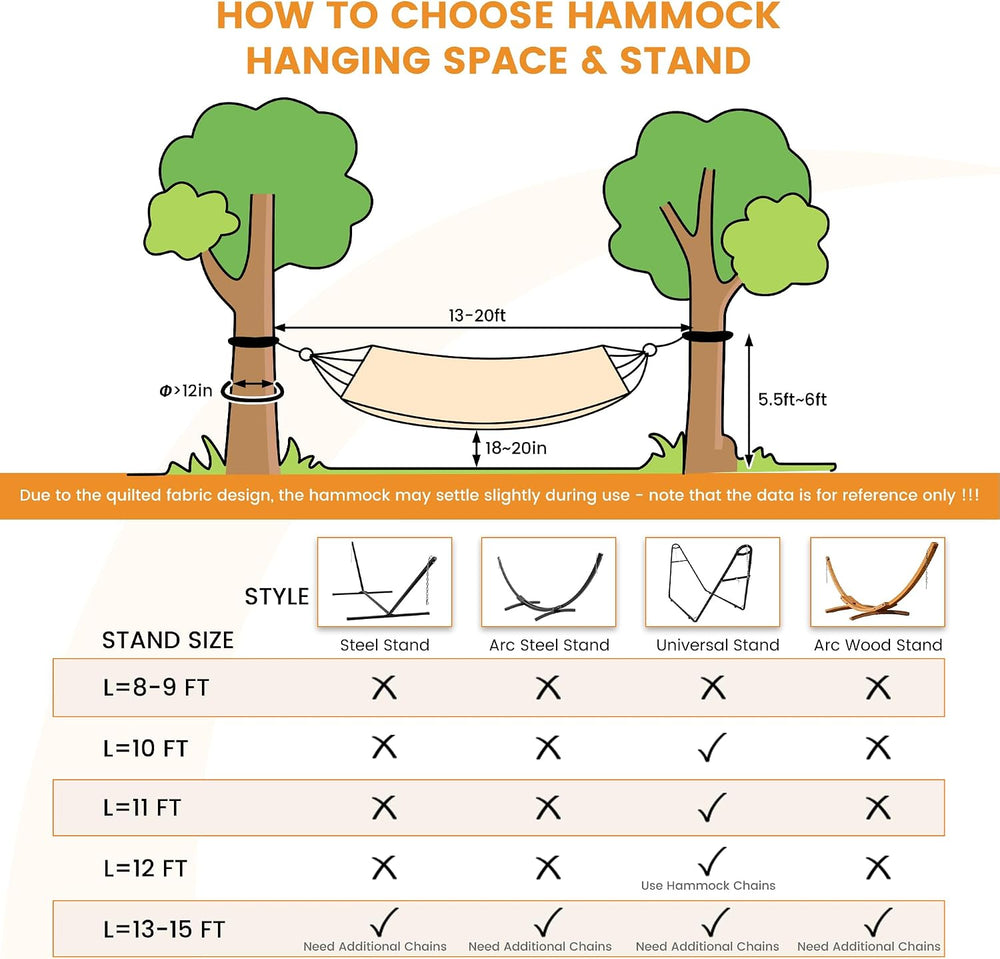 Lazy Daze Double Quilted Hammock with Pillow for Outside, Fit 13-15Ft Stand