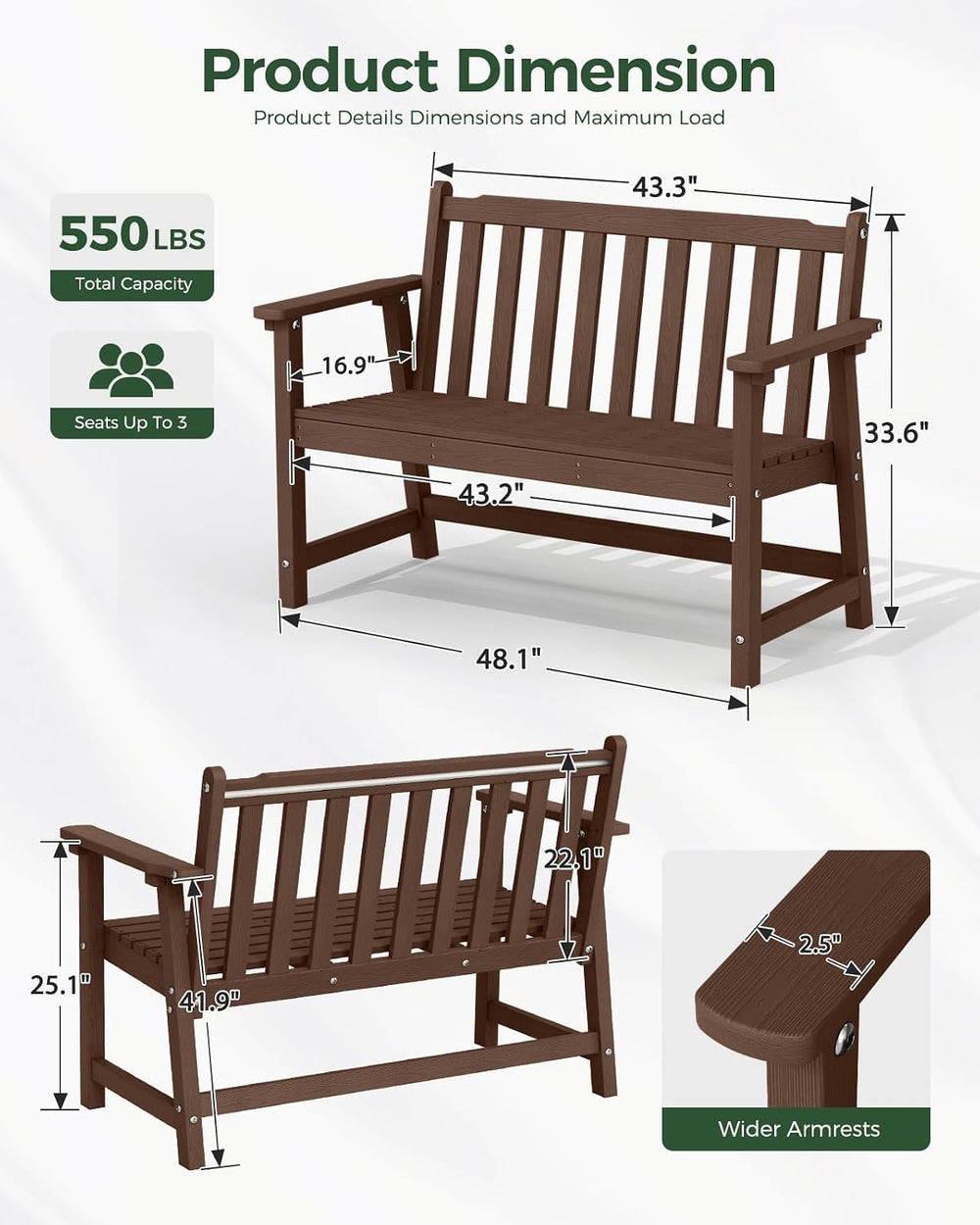 48" HDPE Weatherproof Outdoor Bench, Garden Porch Benches, Brown