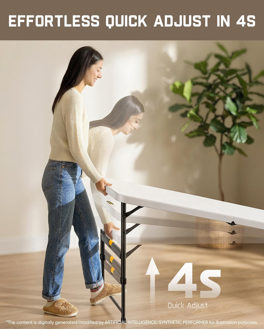 FanttikOutdoor Folding Table Plastic 6ft Quick Adjust 3-Height Picnic Party