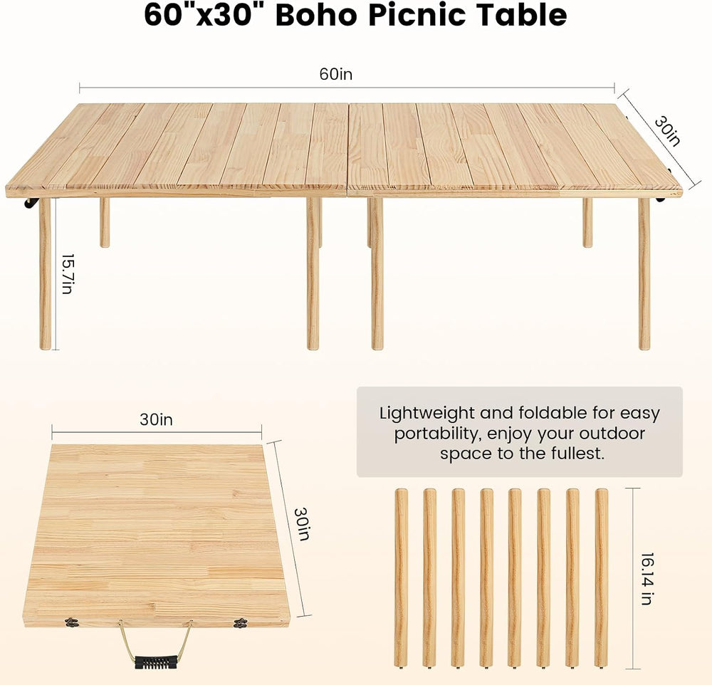 60" x 30" Boho Low Picnic Table, Foldable Solid Wood Construction