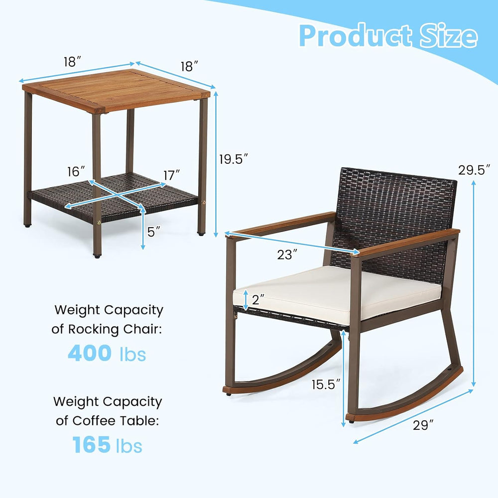 HAPPYGRILL 3 Piece Rocking Bistro Set, Outdoor PE Wicker Rocking Chair with C...
