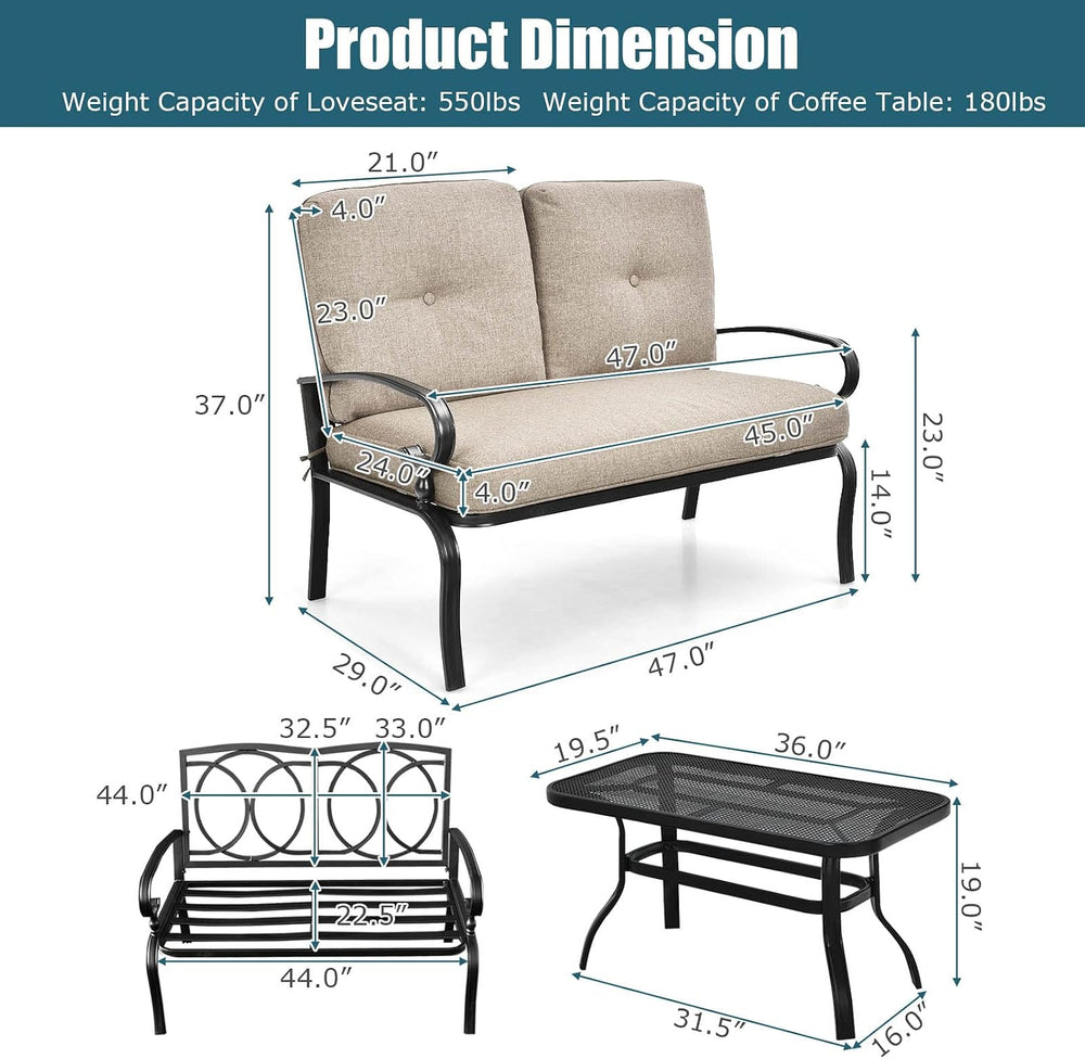 Tangkula Patio Loveseat with Table Set, 2 Seat Cushioned Sofa with Coffee Tab...