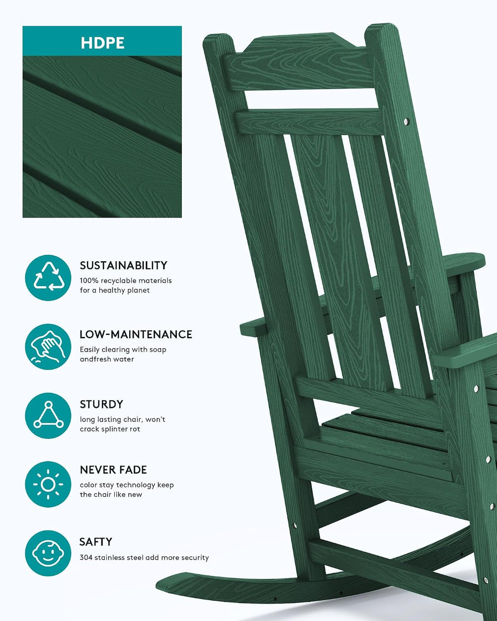 SERWALL HDPE Oversized Outdoor Rocking Chairs Set of 4, Patio Rocker, Green