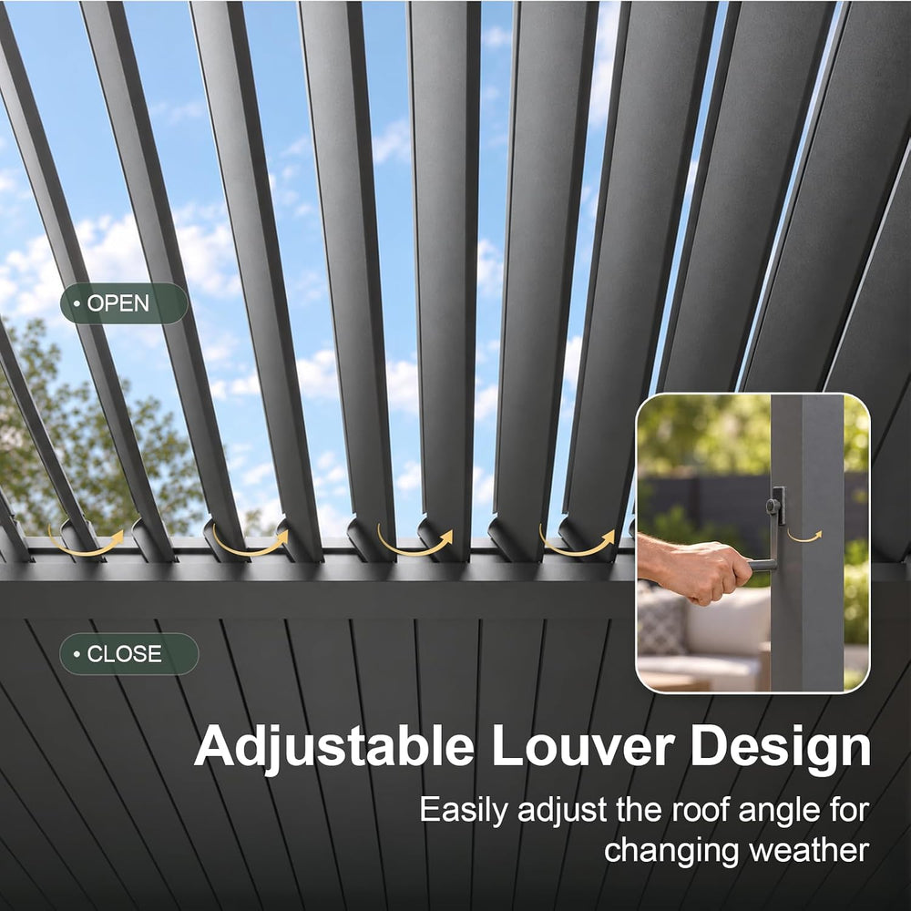 Aoxun Louvered Pergola 10x10 All-Aluminum, String Lights,Curtains & Netting