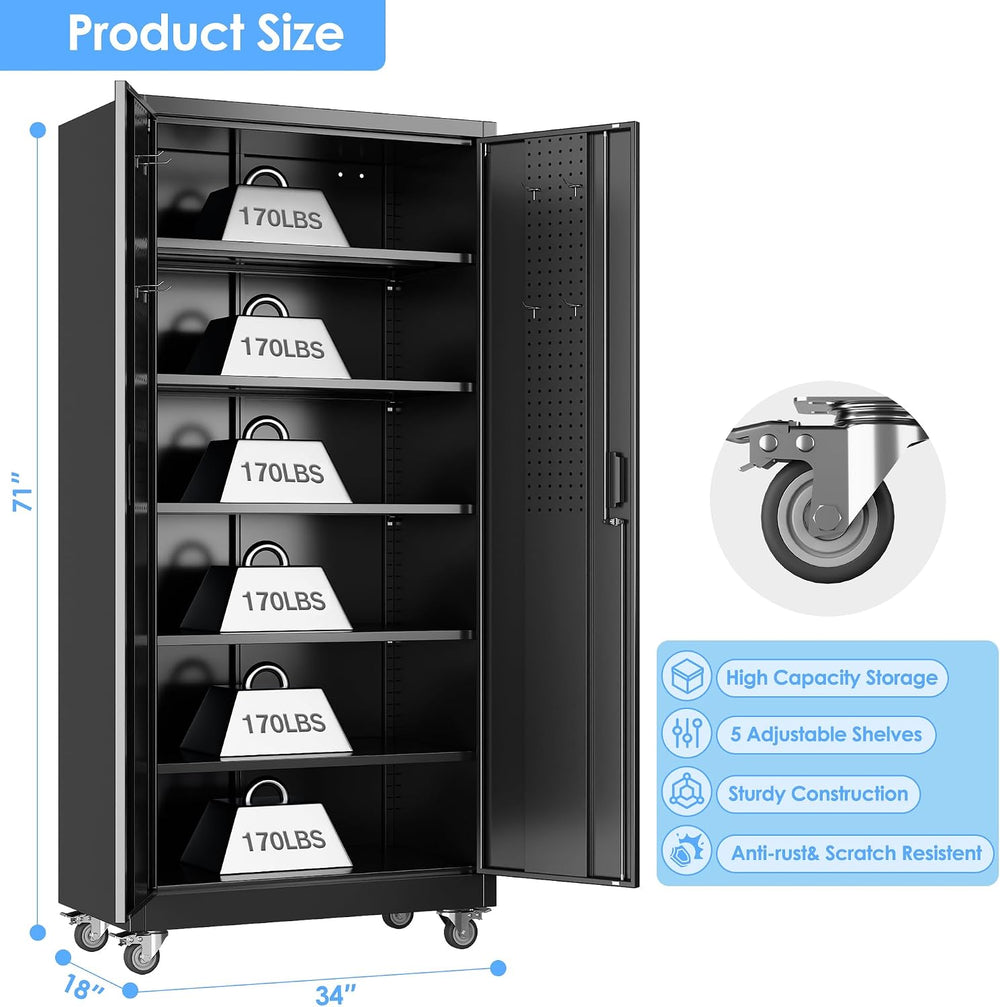 Reemoon Metal Storage Cabinet 71" H x 34" W x 18" D with Wheel...