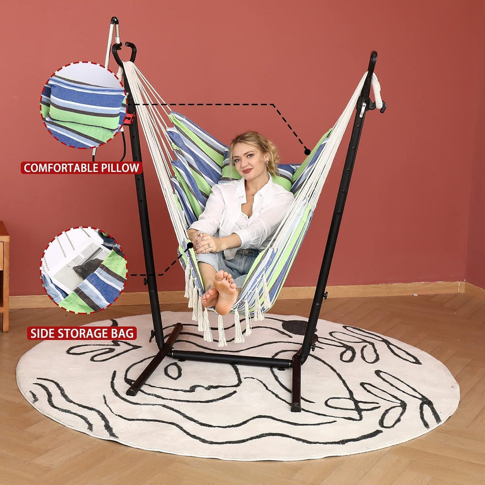 ZEYU Double Hammock Chair with Stand - Apple Green Strips