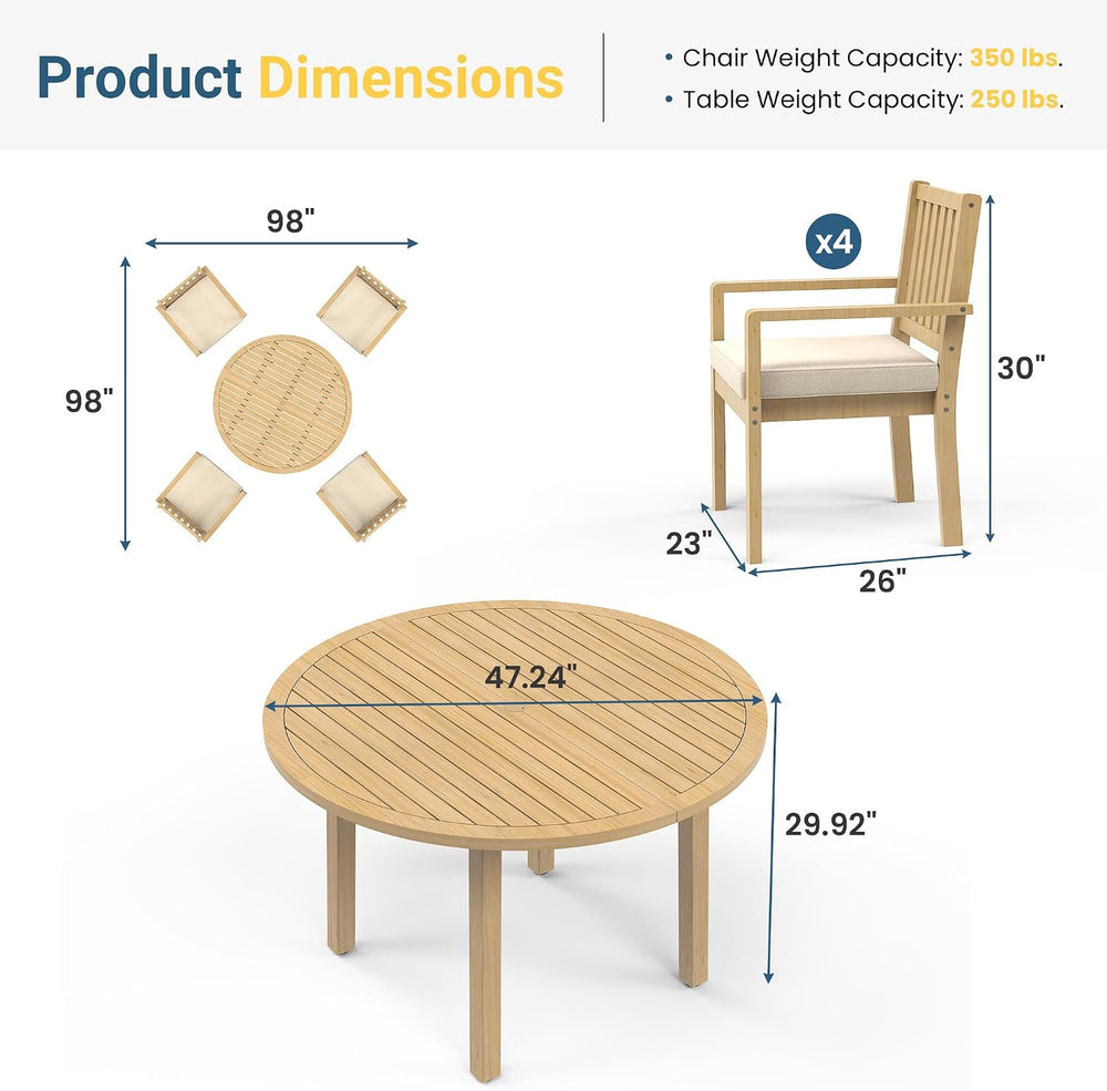 Wisteria Lane 5-Pieces Acacia Patio Table and Chairs Set for 4, Outdoor Dinin...
