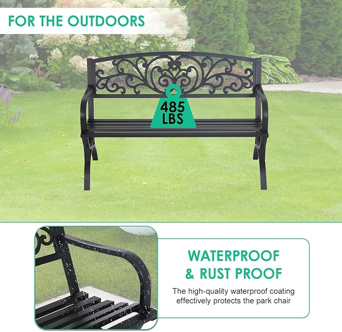 FDW Outdoor 50 Inches Garden Bench, Slatted Seat Armrests Floral Design Backr...