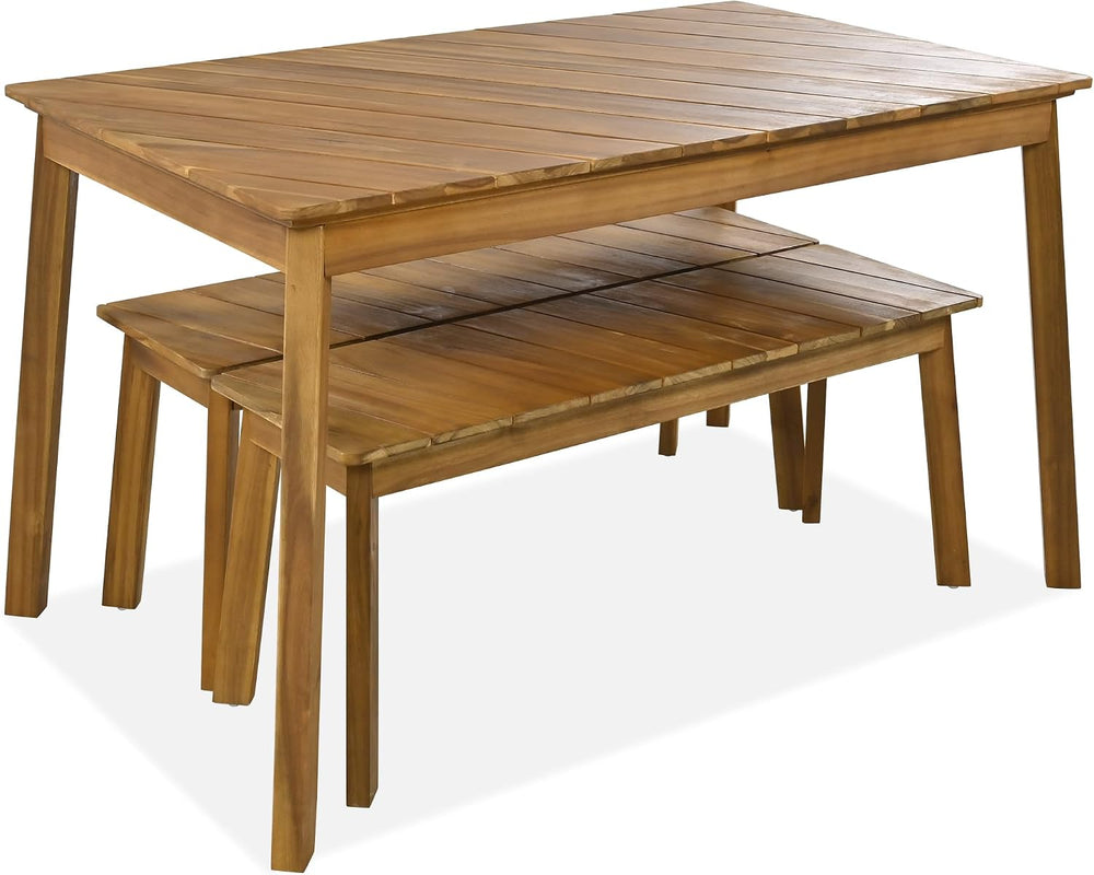 3 Pieces Patio Dining Set, Outdoor Acacia Wood Table and 2 Benches, Outdoor D...
