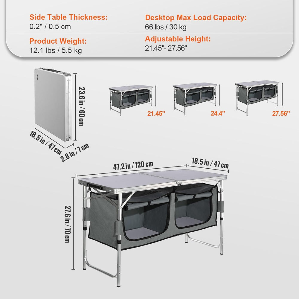 VEVOR Camping Kitchen Station, 3 Adjustable Height Folding Outdoor Camp Cooki...
