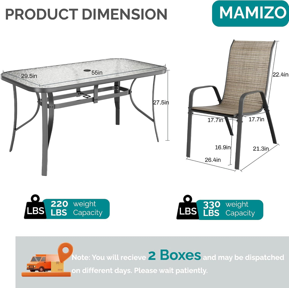 MAMIZO 7 Pieces Patio Dining Set for 6, Glass Table and Textilene Chairs