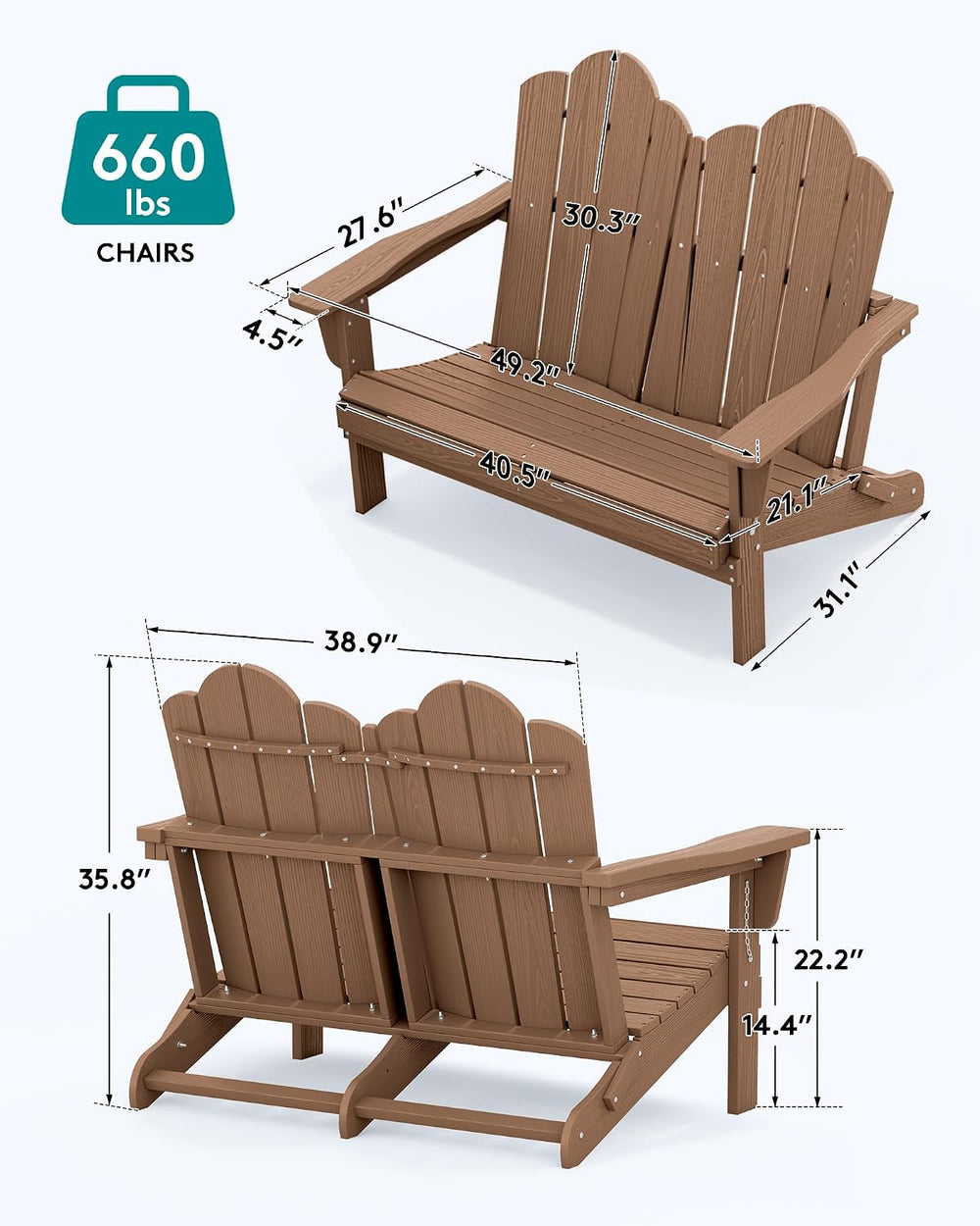 SERWALL Folding Adirondack Bench, HDPE Outdoor Bench, 660lbs Cap, Brown