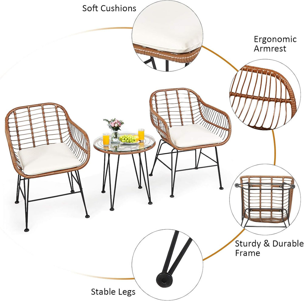 Tangkula 3 Pieces Patio Conversation Bistro Set, Outdoor Wicker Furniture w/R...