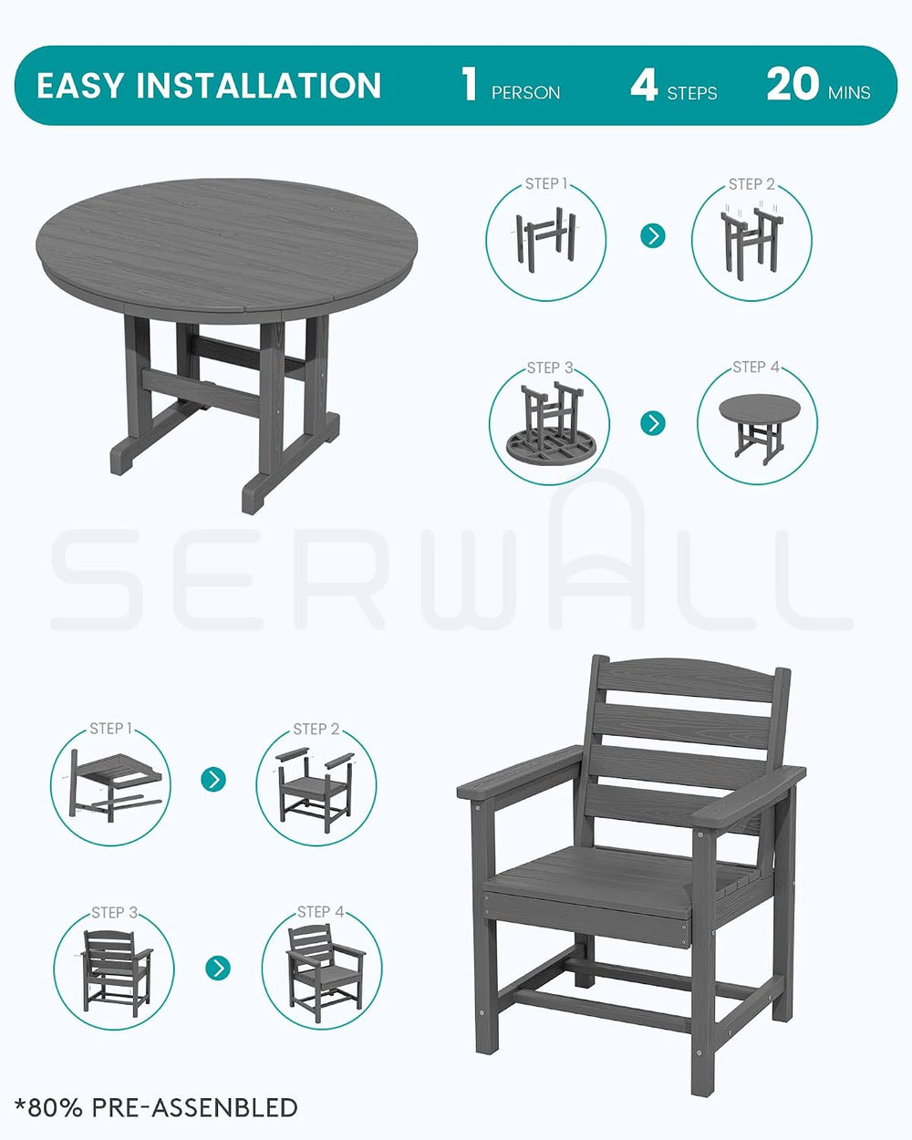 SERWALL 5-Piece Patio Round Dining Set, 45" Table, 4 Chairs, Grey