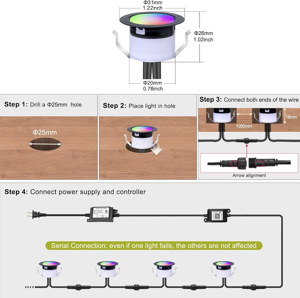 LED Deck Lights Kit Black, 30 Pack Φ1.22 WiFi Pixel RGBW+IC with Remote