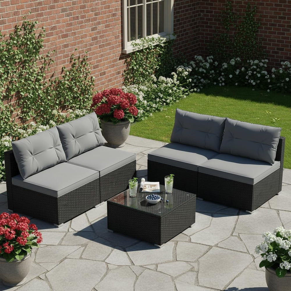 Tangkula 5 Pieces Wicker Patio Furniture Set, Outdoor 4 Armless Rattan Sofa &...