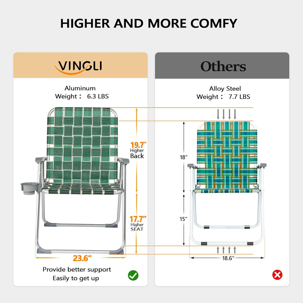 VINGLI Folding Webbed Oversized Lawn Chairs with Detachable Cup Holder, 300 L...