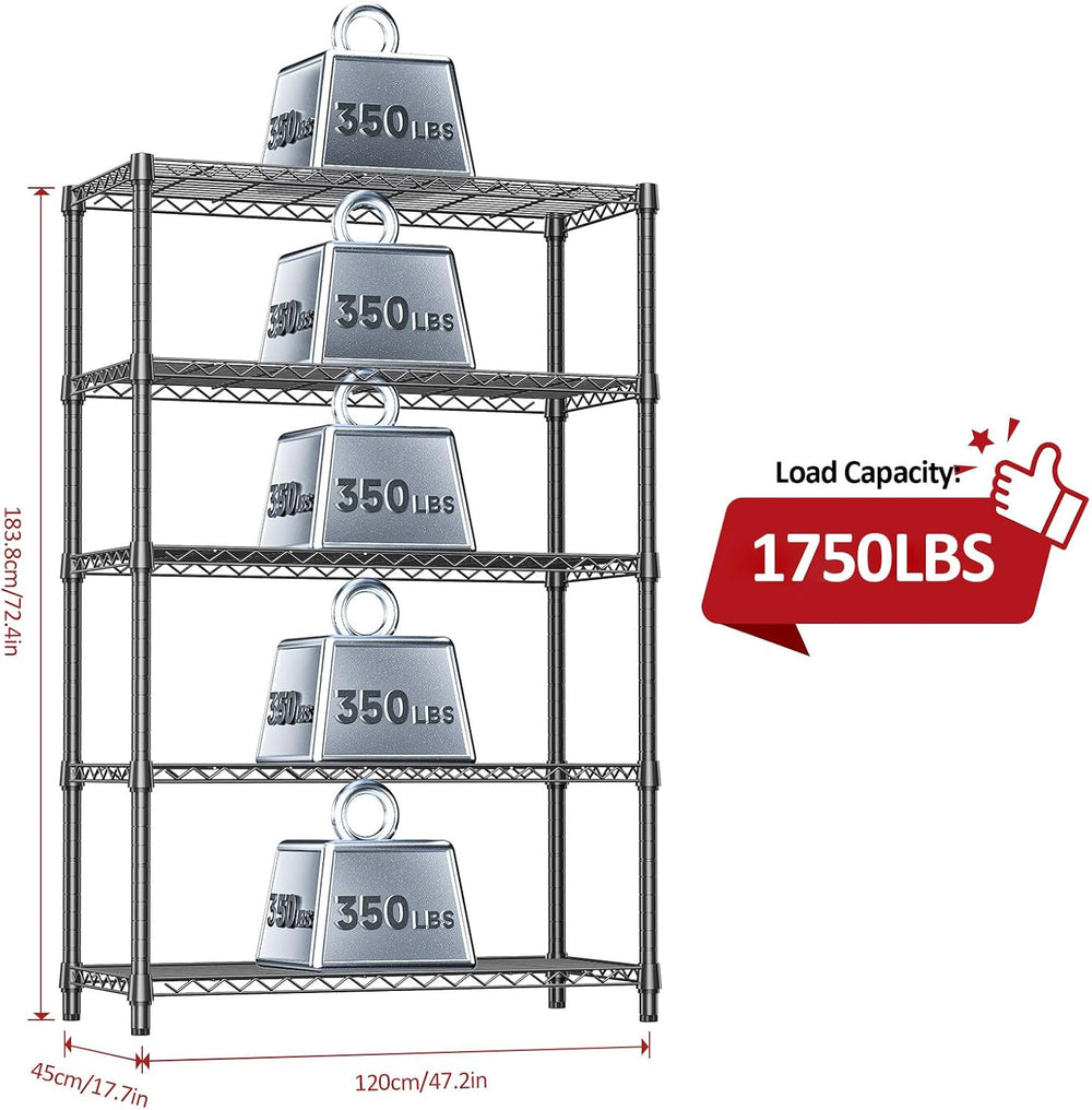 5-Tier Heavy Duty Metal Storage Shelving Unit (Black, 17.7" D x 47.2&quo...